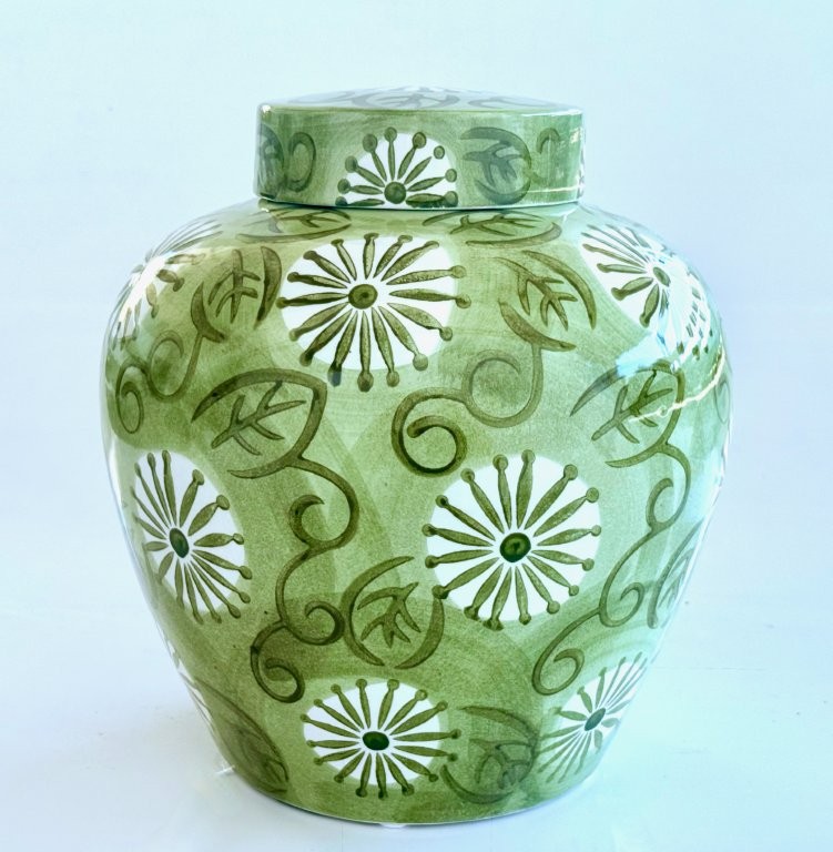 Large Fat Bright Green Floral Ceramic Ginger Jar With Lid